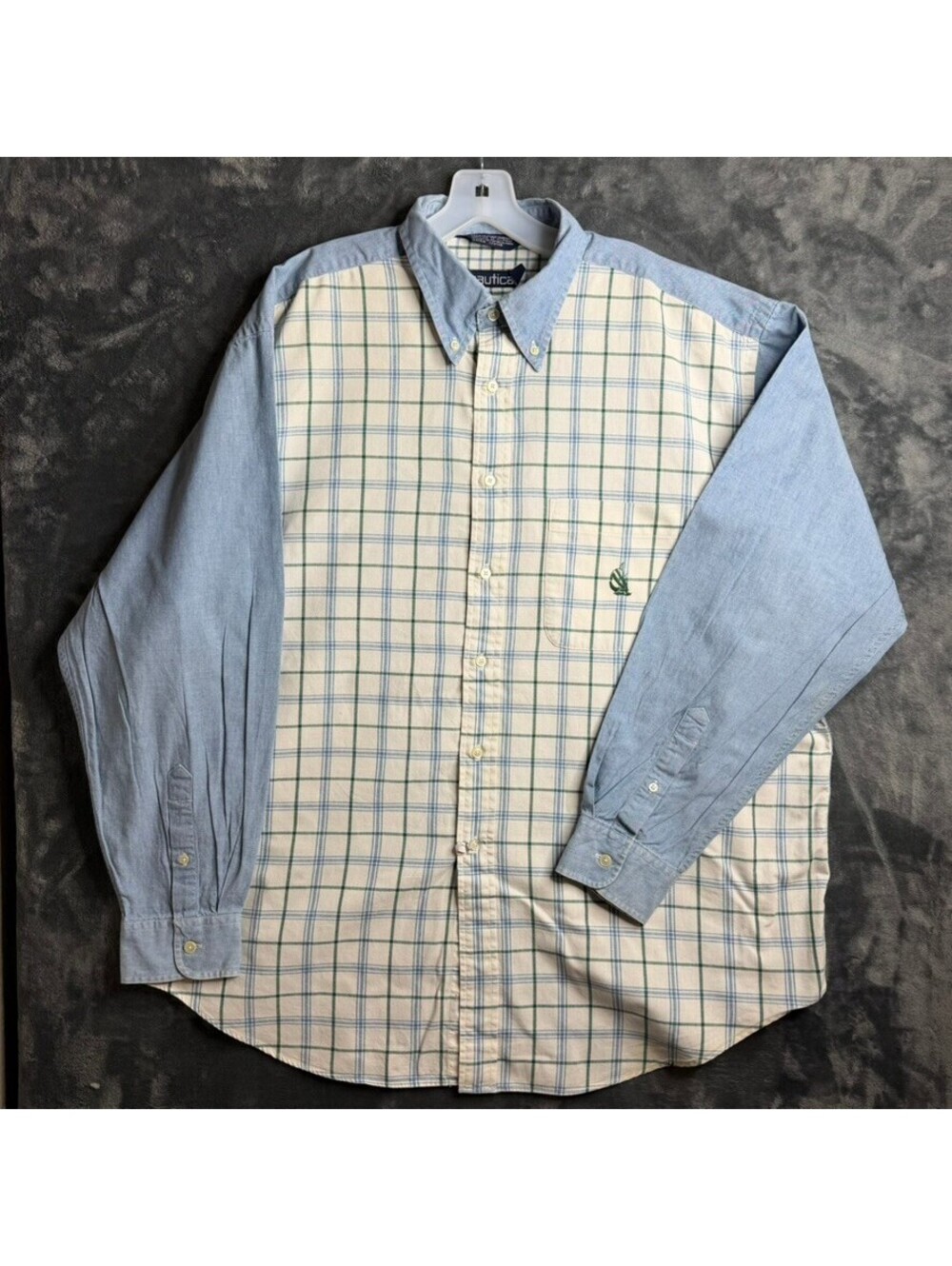 Vintage Nautica 90's Y2K Men's Long Sleeve Button Down Denim Checkered Sz XL